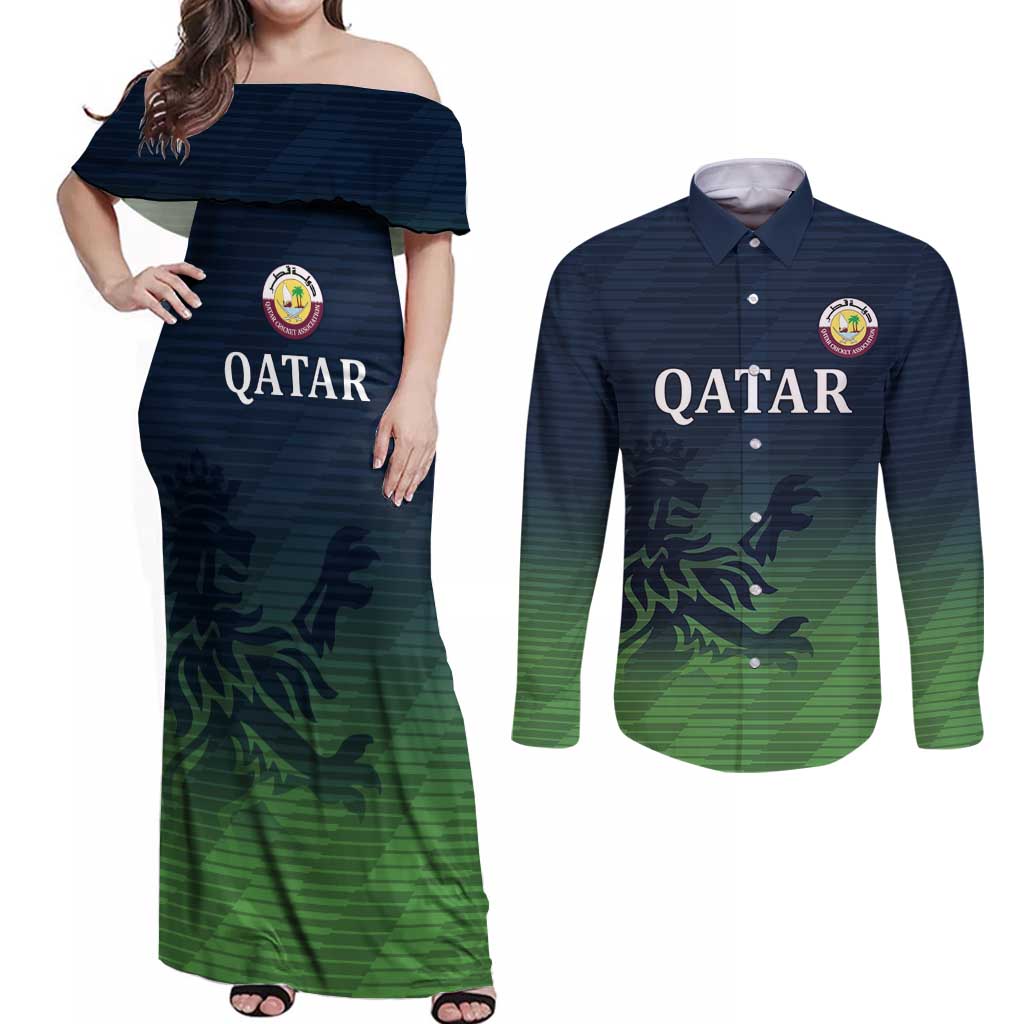 Custom Qatar Cricket Couples Matching Off Shoulder Maxi Dress and Long Sleeve Button Shirt Green Sporty Pattern LT9 - Wonder Print Shop