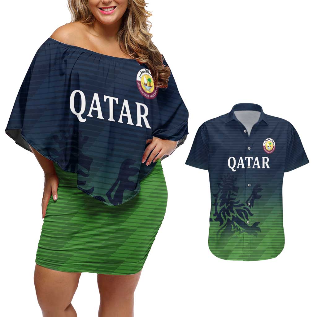 Custom Qatar Cricket Couples Matching Off Shoulder Short Dress and Hawaiian Shirt Green Sporty Pattern LT9 - Wonder Print Shop