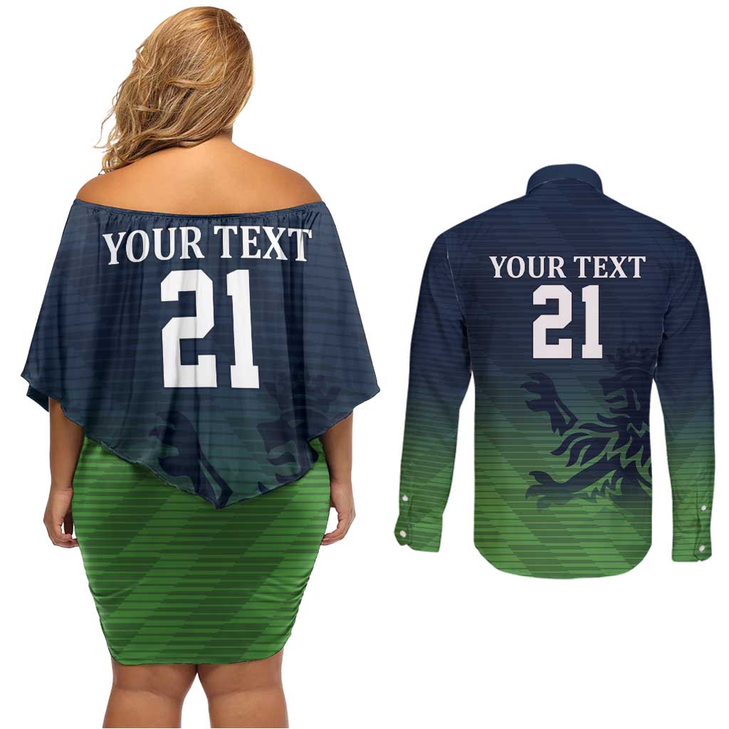 Custom Qatar Cricket Couples Matching Off Shoulder Short Dress and Long Sleeve Button Shirt Green Sporty Pattern LT9 - Wonder Print Shop