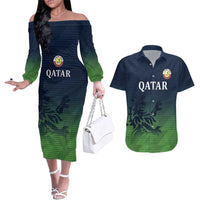 Custom Qatar Cricket Couples Matching Off The Shoulder Long Sleeve Dress and Hawaiian Shirt Green Sporty Pattern LT9 - Wonder Print Shop