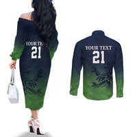 Custom Qatar Cricket Couples Matching Off The Shoulder Long Sleeve Dress and Long Sleeve Button Shirt Green Sporty Pattern