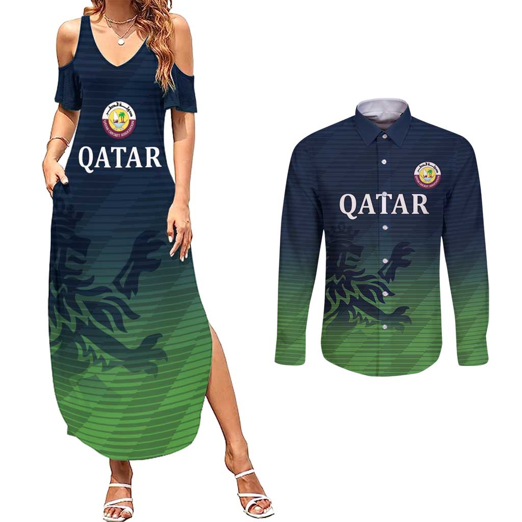 Custom Qatar Cricket Couples Matching Summer Maxi Dress and Long Sleeve Button Shirt Green Sporty Pattern LT9 - Wonder Print Shop