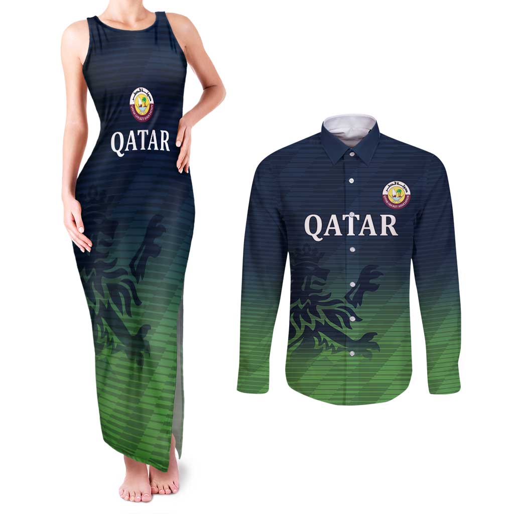 Custom Qatar Cricket Couples Matching Tank Maxi Dress and Long Sleeve Button Shirt Green Sporty Pattern LT9 - Wonder Print Shop