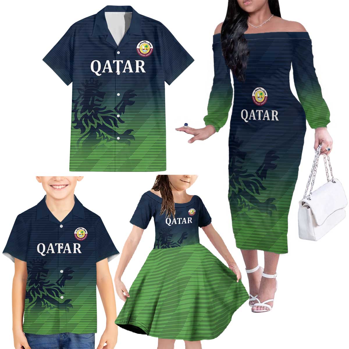 Custom Qatar Cricket Family Matching Off The Shoulder Long Sleeve Dress and Hawaiian Shirt Green Sporty Pattern - Wonder Print Shop
