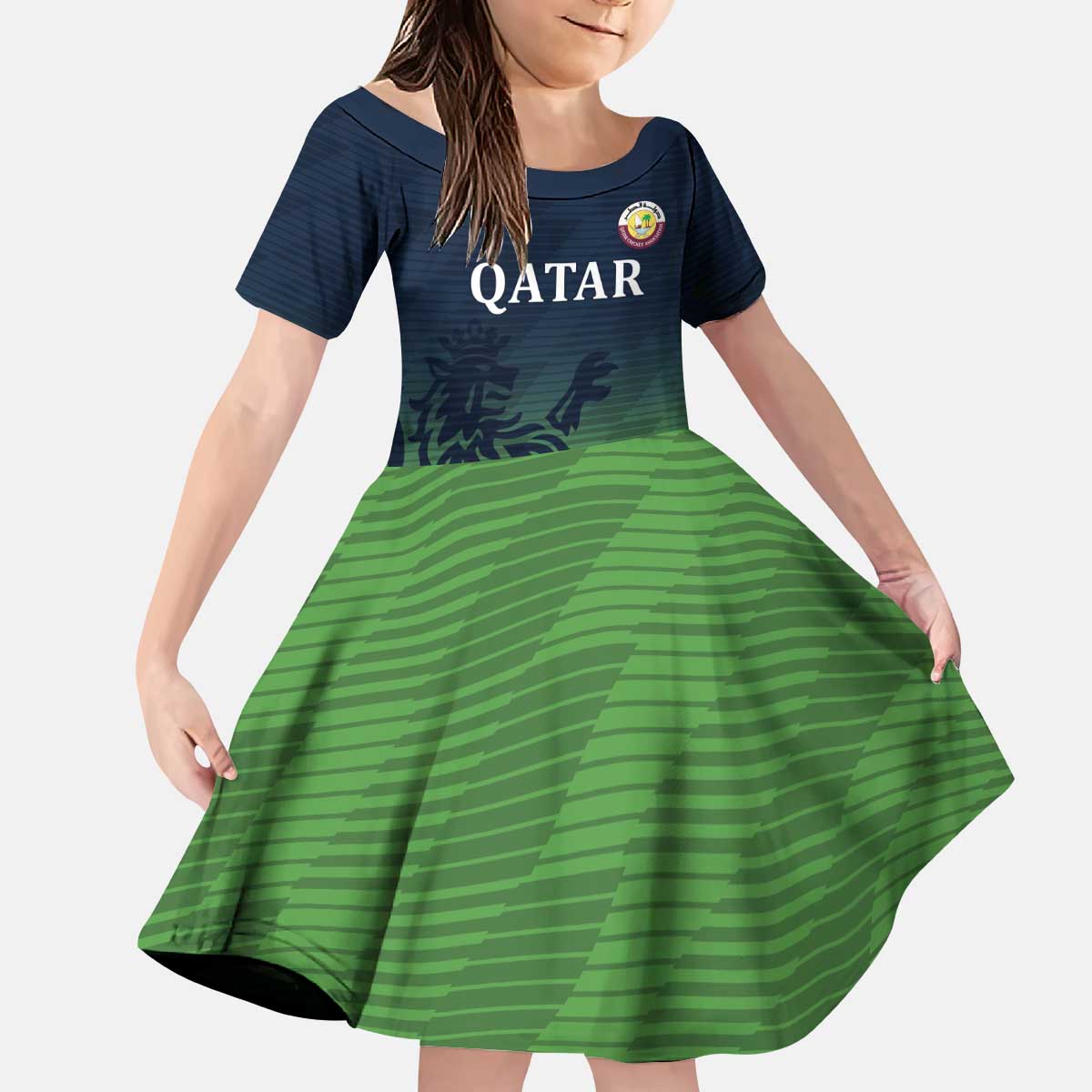 Custom Qatar Cricket Kid Short Sleeve Dress Green Sporty Pattern - Wonder Print Shop