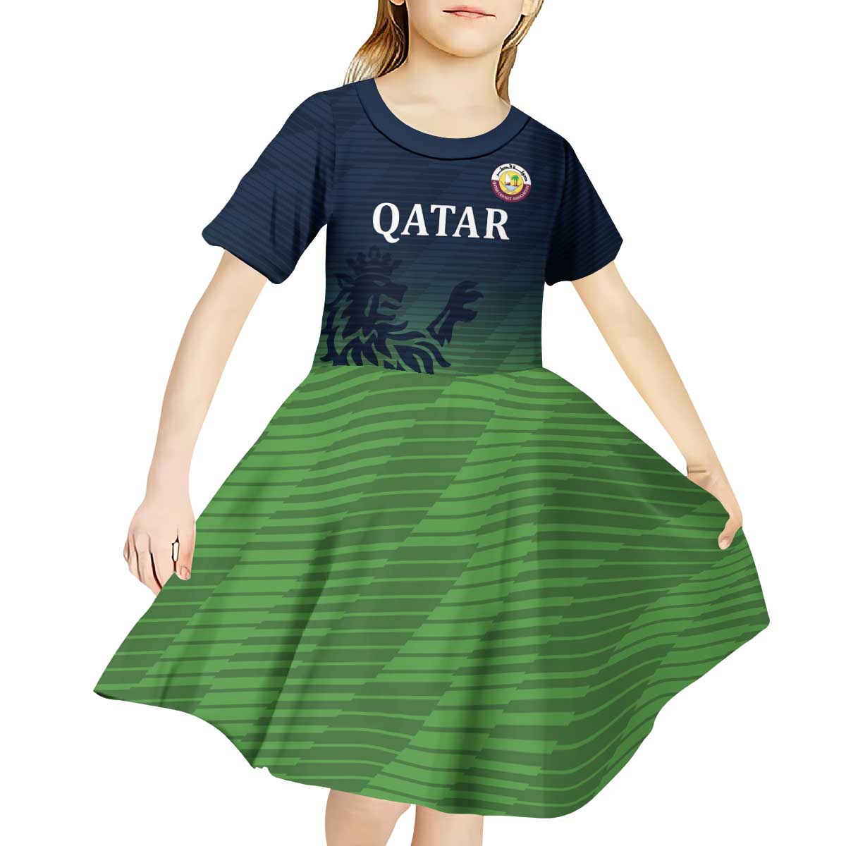 Custom Qatar Cricket Kid Short Sleeve Dress Green Sporty Pattern - Wonder Print Shop