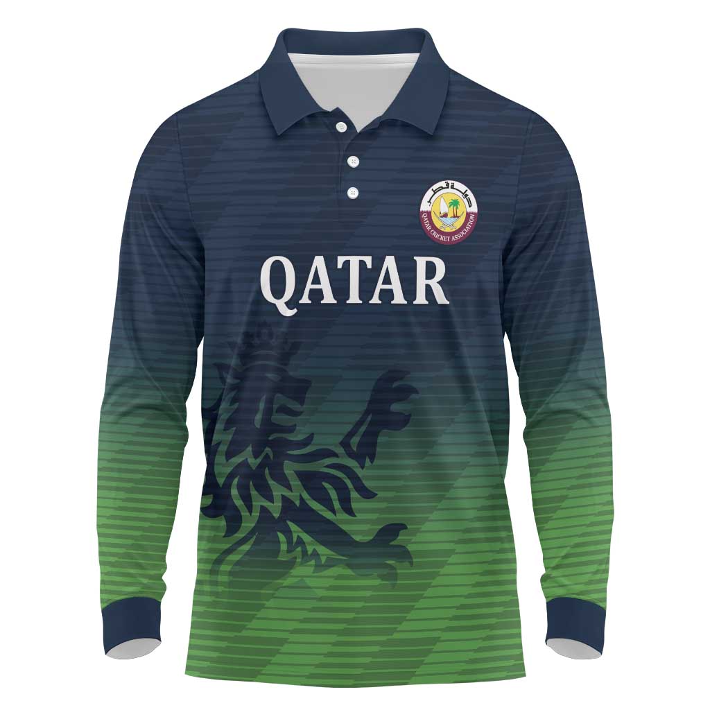 Custom Qatar Cricket Long Sleeve Polo Shirt Green Sporty Pattern - Wonder Print Shop