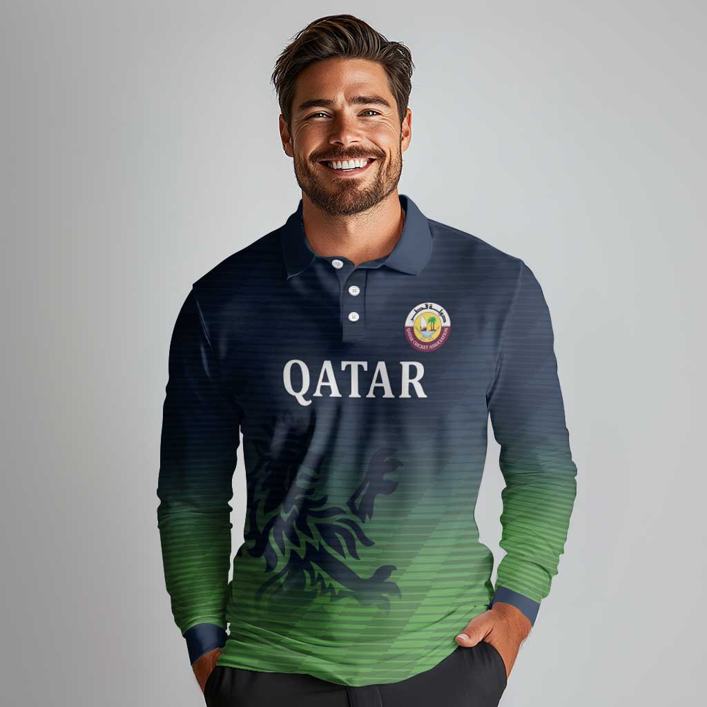 Custom Qatar Cricket Long Sleeve Polo Shirt Green Sporty Pattern - Wonder Print Shop