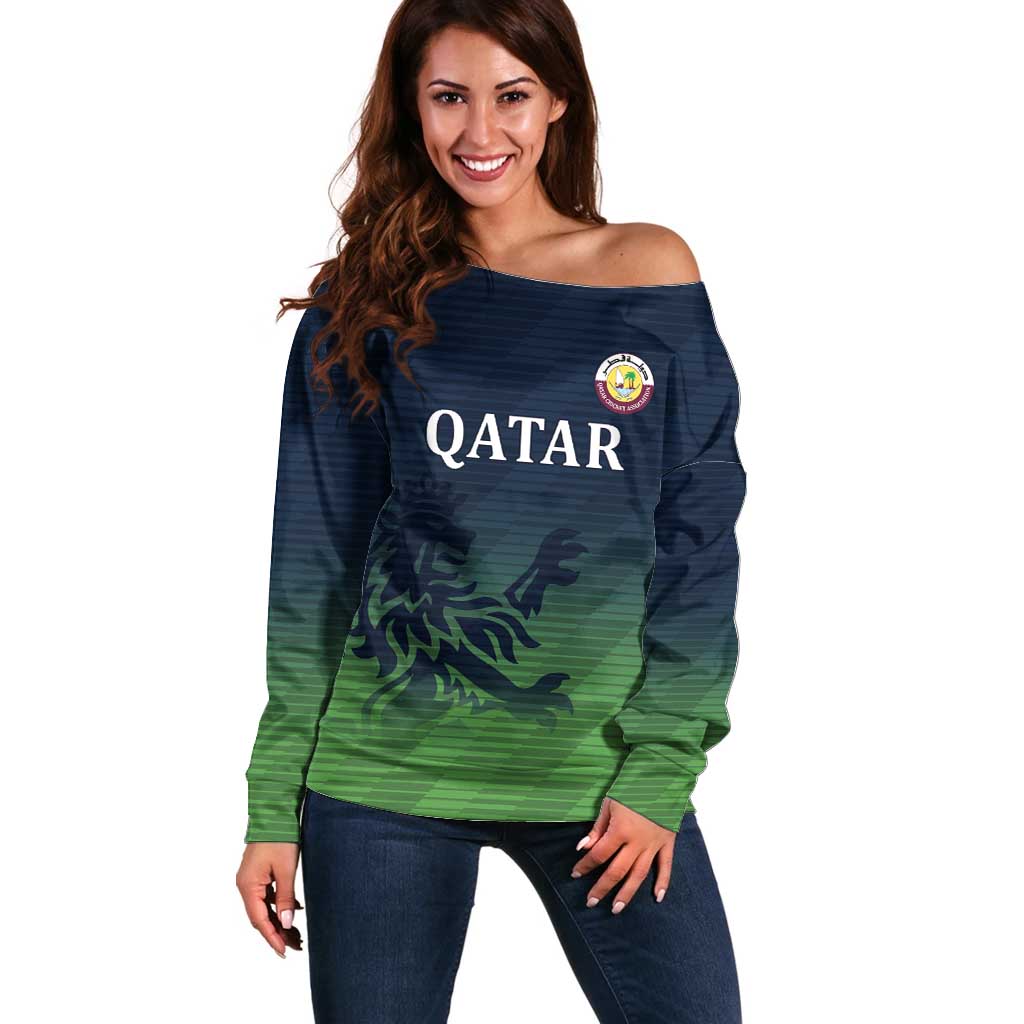 Custom Qatar Cricket Off Shoulder Sweater Green Sporty Pattern - Wonder Print Shop