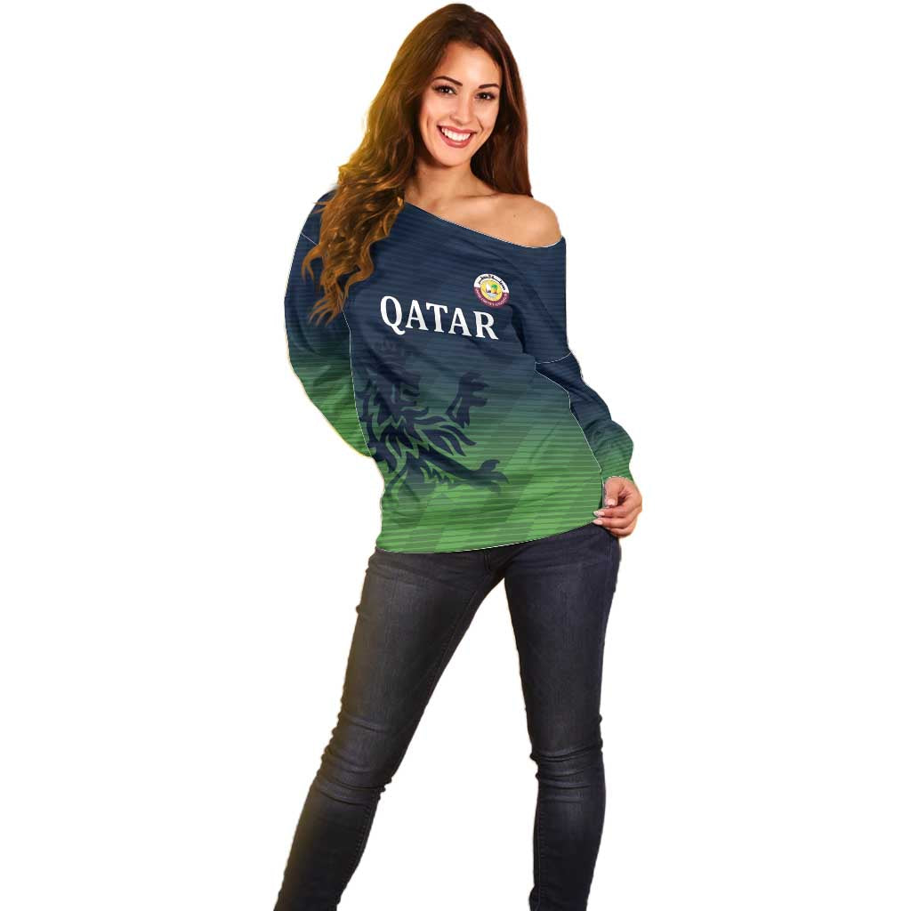 Custom Qatar Cricket Off Shoulder Sweater Green Sporty Pattern - Wonder Print Shop