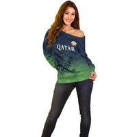 Custom Qatar Cricket Off Shoulder Sweater Green Sporty Pattern - Wonder Print Shop