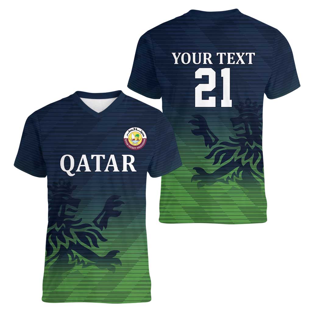 Custom Qatar Cricket Women V-Neck T-Shirt Green Sporty Pattern - Wonder Print Shop
