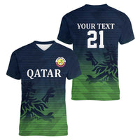 Custom Qatar Cricket Women V-Neck T-Shirt Green Sporty Pattern - Wonder Print Shop