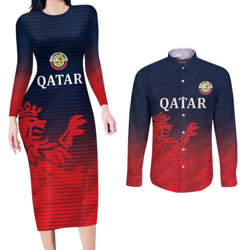 Custom Qatar Cricket Couples Matching Long Sleeve Bodycon Dress and Long Sleeve Button Shirt Red Sporty Pattern LT9 - Wonder Print Shop