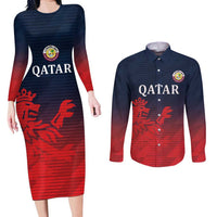 Custom Qatar Cricket Couples Matching Long Sleeve Bodycon Dress and Long Sleeve Button Shirt Red Sporty Pattern LT9 - Wonder Print Shop
