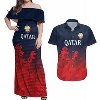Custom Qatar Cricket Couples Matching Off Shoulder Maxi Dress and Hawaiian Shirt Red Sporty Pattern LT9 - Wonder Print Shop