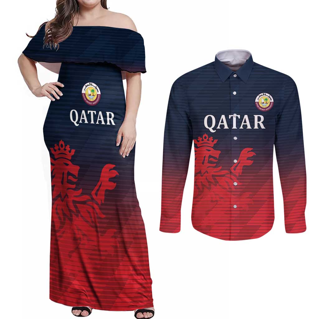 Custom Qatar Cricket Couples Matching Off Shoulder Maxi Dress and Long Sleeve Button Shirt Red Sporty Pattern LT9 - Wonder Print Shop