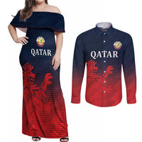 Custom Qatar Cricket Couples Matching Off Shoulder Maxi Dress and Long Sleeve Button Shirt Red Sporty Pattern LT9 - Wonder Print Shop