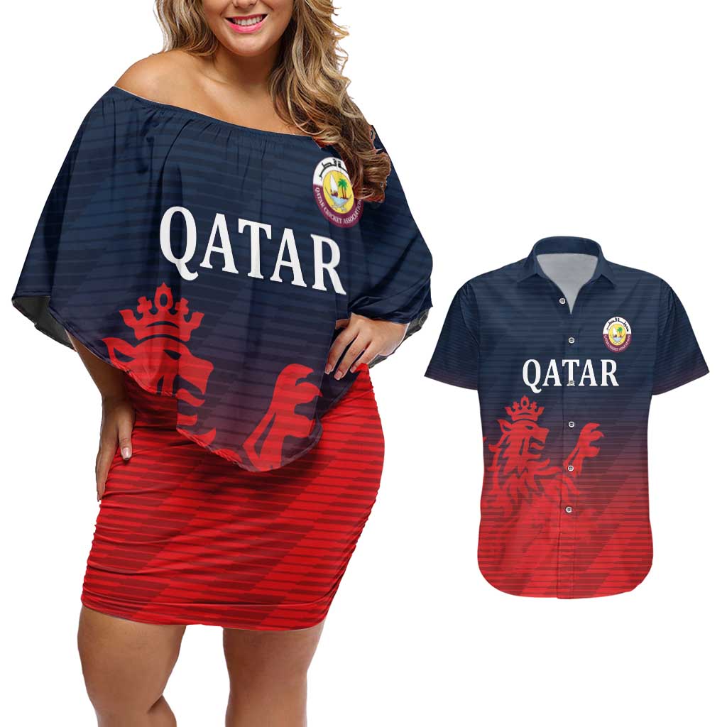Custom Qatar Cricket Couples Matching Off Shoulder Short Dress and Hawaiian Shirt Red Sporty Pattern LT9 - Wonder Print Shop