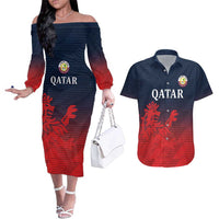 Custom Qatar Cricket Couples Matching Off The Shoulder Long Sleeve Dress and Hawaiian Shirt Red Sporty Pattern LT9 - Wonder Print Shop