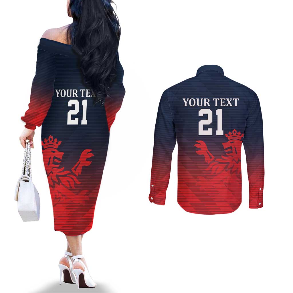 Custom Qatar Cricket Couples Matching Off The Shoulder Long Sleeve Dress and Long Sleeve Button Shirt Red Sporty Pattern