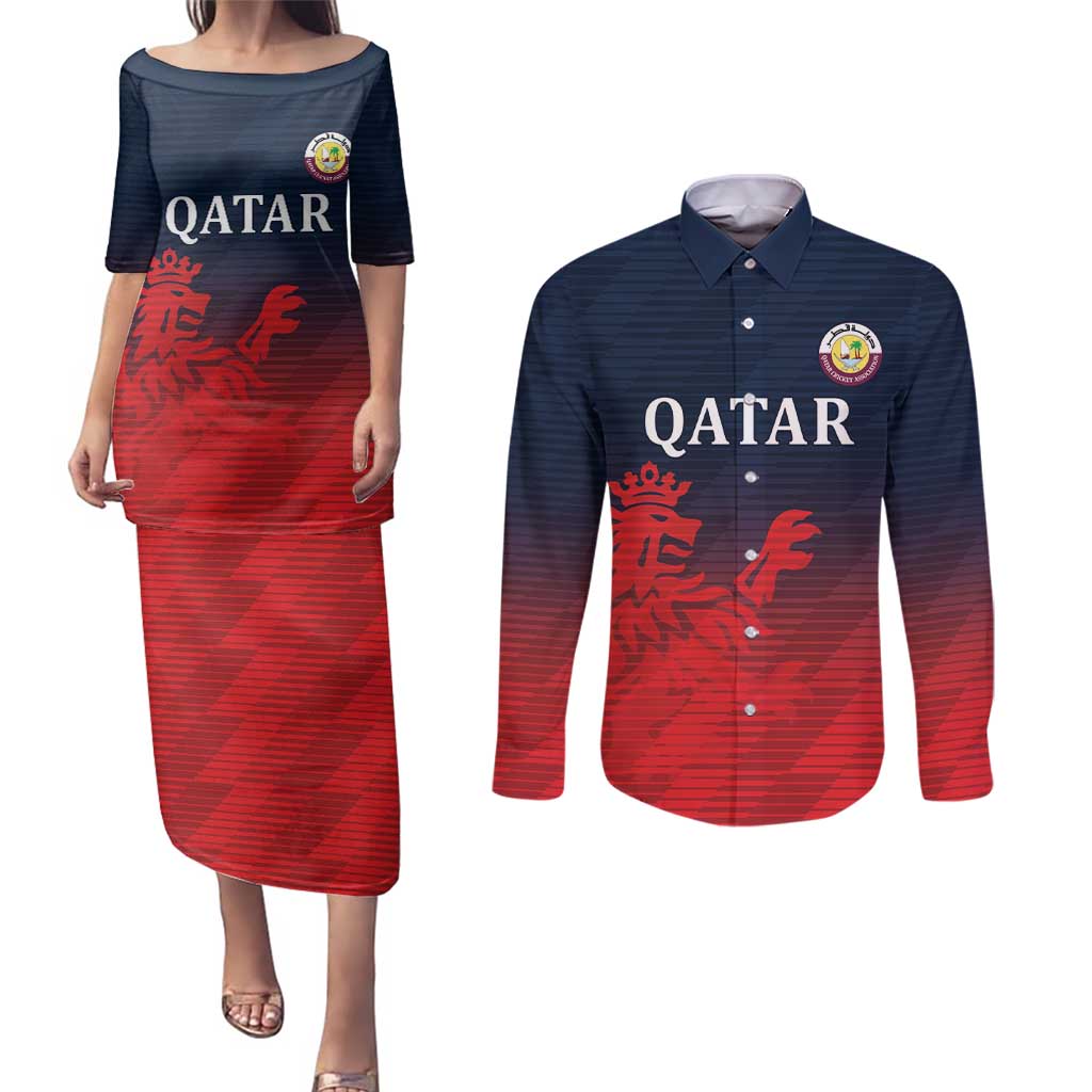 Custom Qatar Cricket Couples Matching Puletasi and Long Sleeve Button Shirt Red Sporty Pattern LT9 - Wonder Print Shop