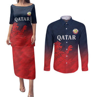 Custom Qatar Cricket Couples Matching Puletasi and Long Sleeve Button Shirt Red Sporty Pattern LT9 - Wonder Print Shop