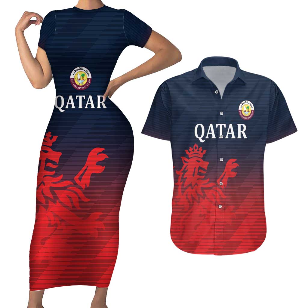 Custom Qatar Cricket Couples Matching Short Sleeve Bodycon Dress and Hawaiian Shirt Red Sporty Pattern LT9 - Wonder Print Shop