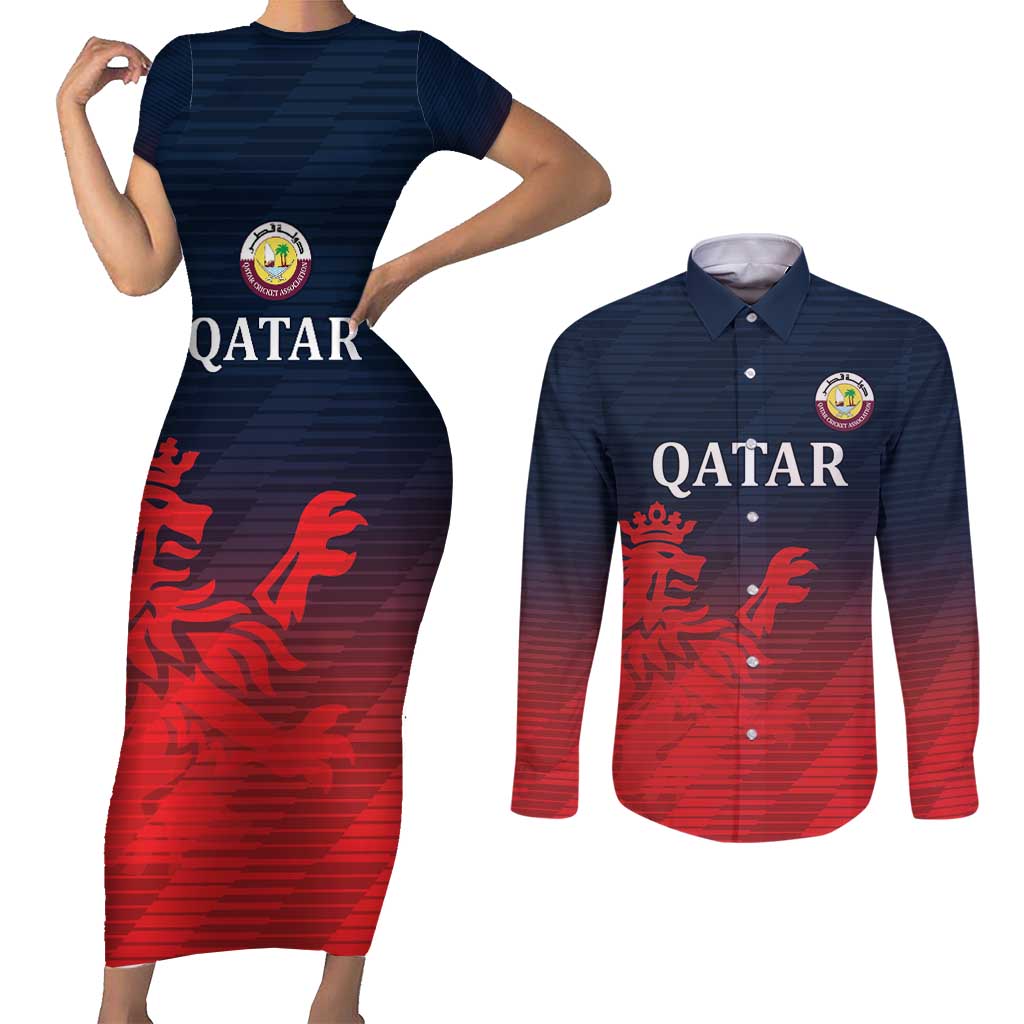 Custom Qatar Cricket Couples Matching Short Sleeve Bodycon Dress and Long Sleeve Button Shirt Red Sporty Pattern LT9 - Wonder Print Shop