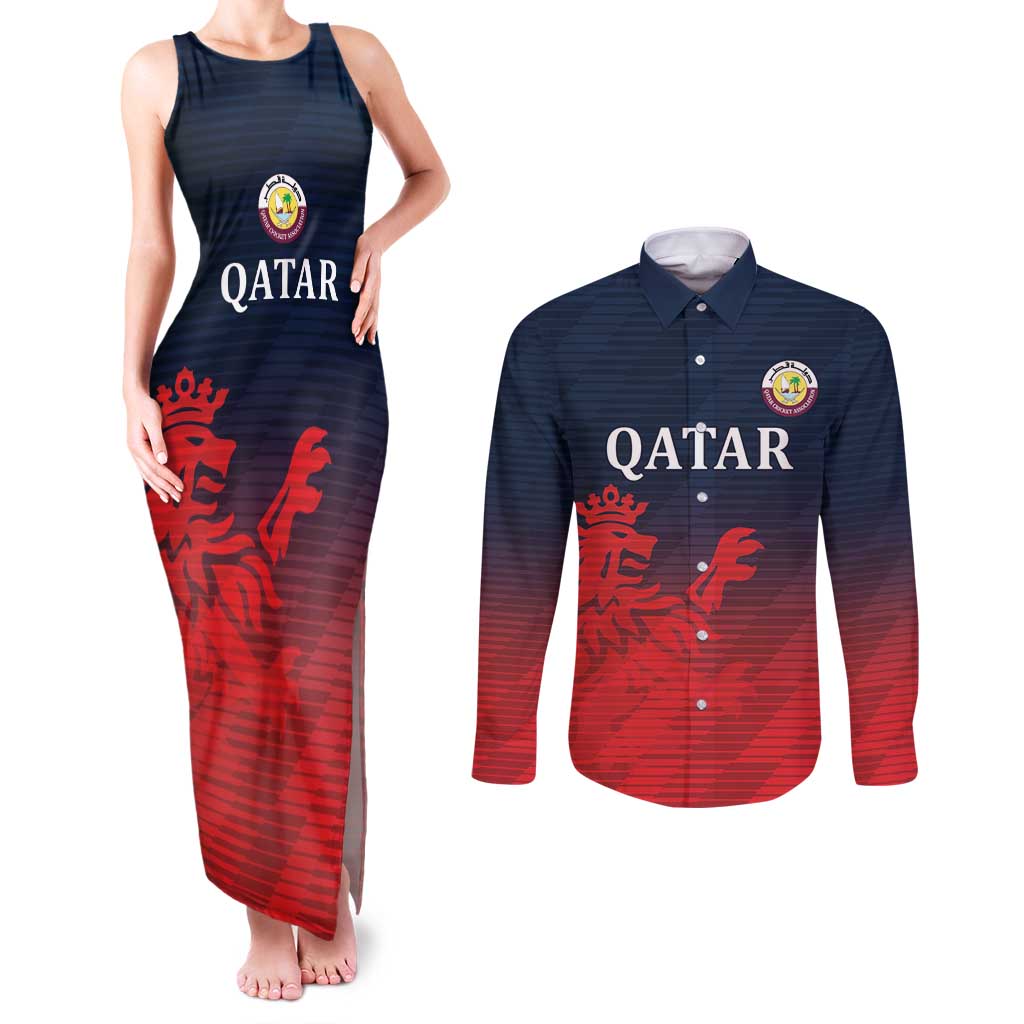 Custom Qatar Cricket Couples Matching Tank Maxi Dress and Long Sleeve Button Shirt Red Sporty Pattern LT9 - Wonder Print Shop
