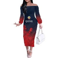 Custom Qatar Cricket Family Matching Off The Shoulder Long Sleeve Dress and Hawaiian Shirt Red Sporty Pattern - Wonder Print Shop
