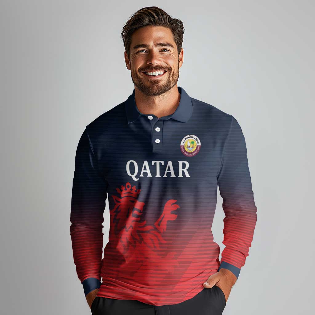 Custom Qatar Cricket Long Sleeve Polo Shirt Red Sporty Pattern - Wonder Print Shop