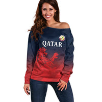 Custom Qatar Cricket Off Shoulder Sweater Red Sporty Pattern - Wonder Print Shop