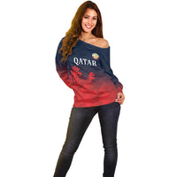 Custom Qatar Cricket Off Shoulder Sweater Red Sporty Pattern - Wonder Print Shop
