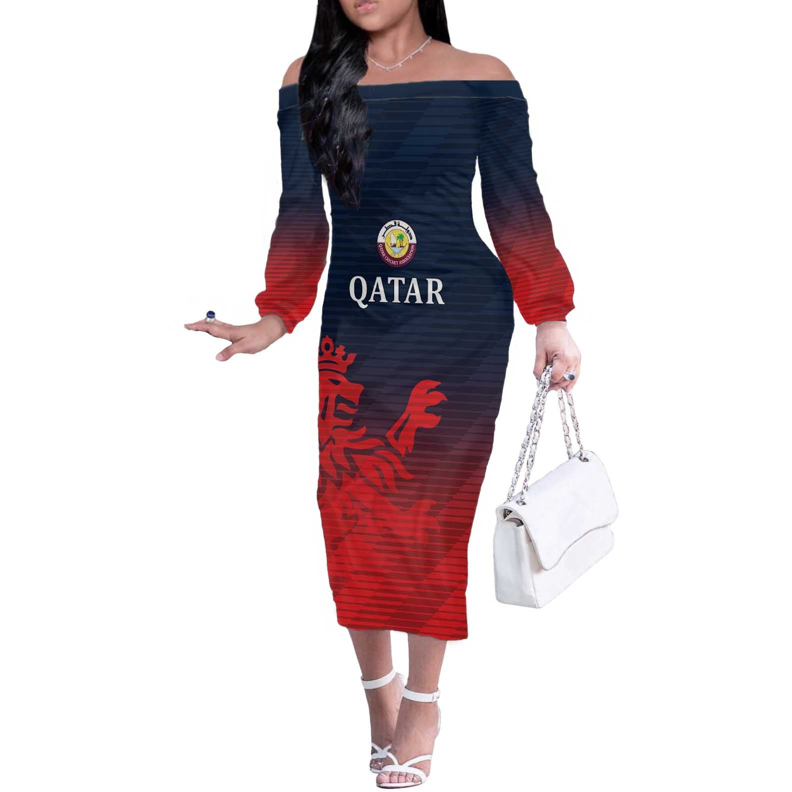 Custom Qatar Cricket Off The Shoulder Long Sleeve Dress Red Sporty Pattern - Wonder Print Shop