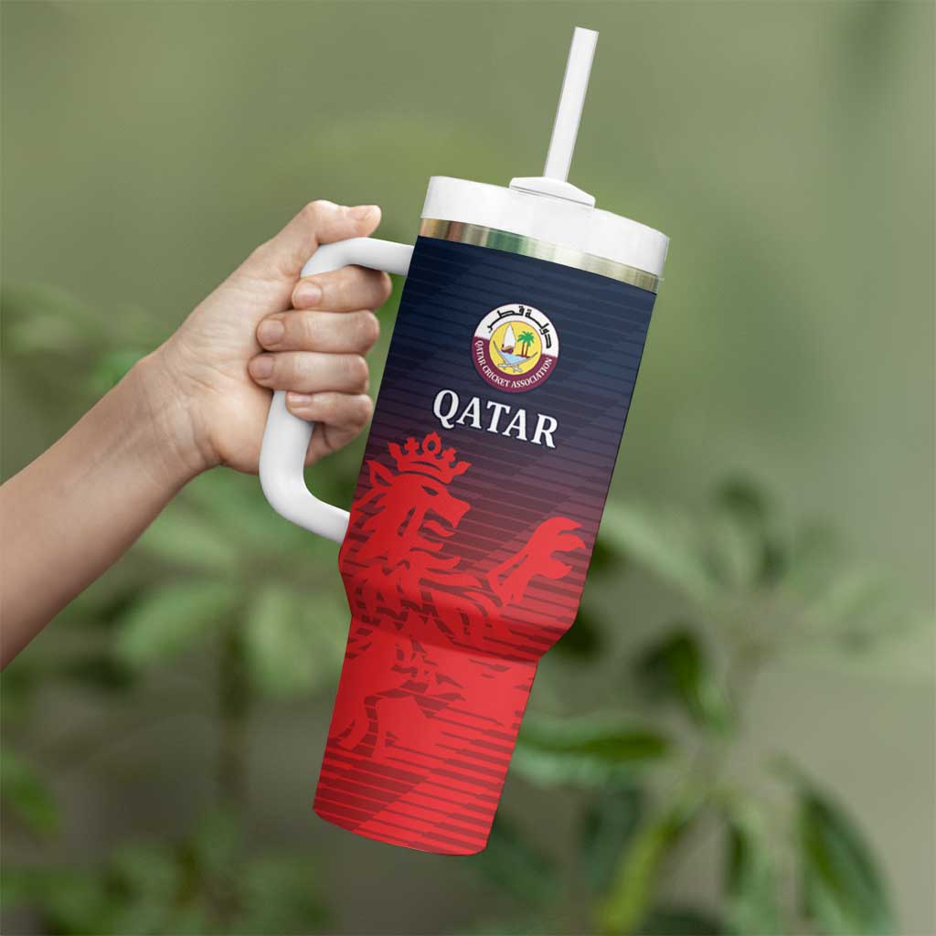 Custom Qatar Cricket Tumbler With Handle Red Sporty Pattern - Wonder Print Shop