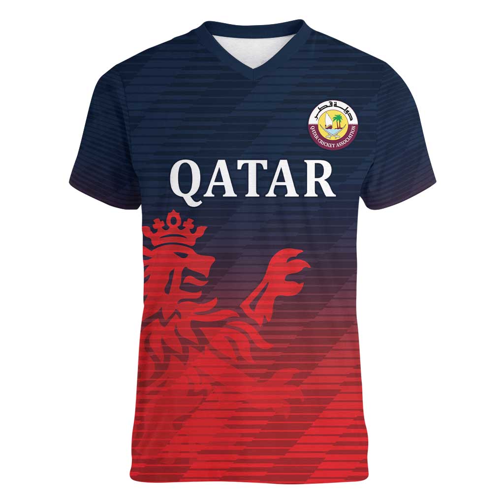 Custom Qatar Cricket Women V-Neck T-Shirt Red Sporty Pattern - Wonder Print Shop