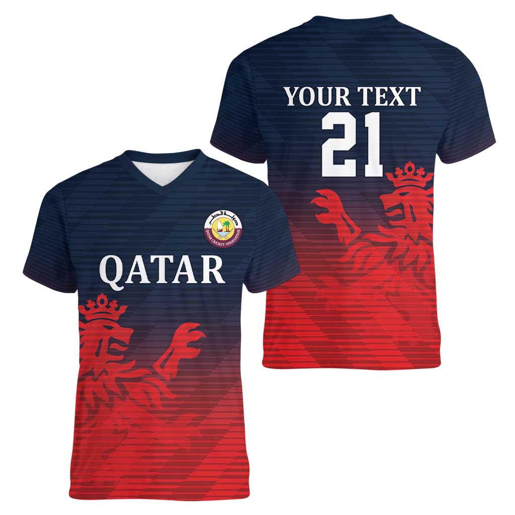 Custom Qatar Cricket Women V-Neck T-Shirt Red Sporty Pattern - Wonder Print Shop