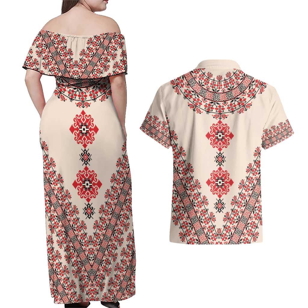 Baba Marta Day Martenitsa Couples Matching Off Shoulder Maxi Dress and Hawaiian Shirt Traditional Bulgarian Embroidery