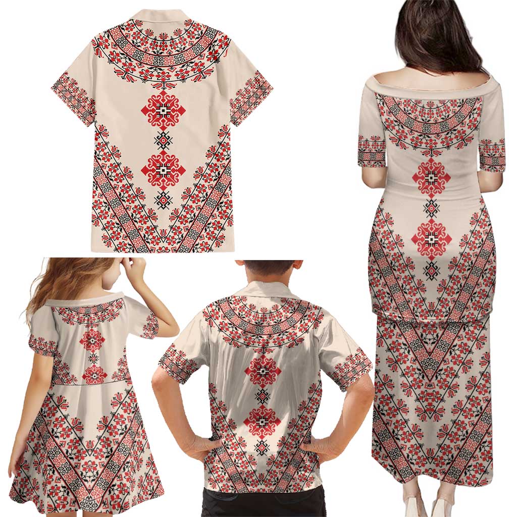 Baba Marta Day Martenitsa Family Matching Puletasi and Hawaiian Shirt Traditional Bulgarian Embroidery