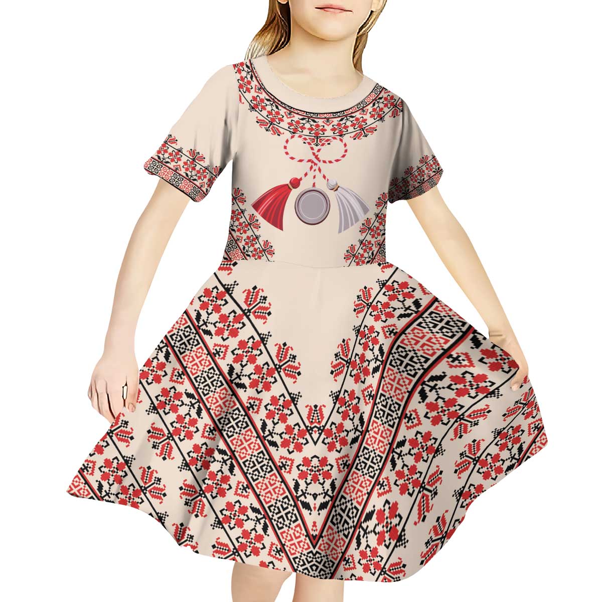 Baba Marta Day Martenitsa Kid Short Sleeve Dress Traditional Bulgarian Embroidery