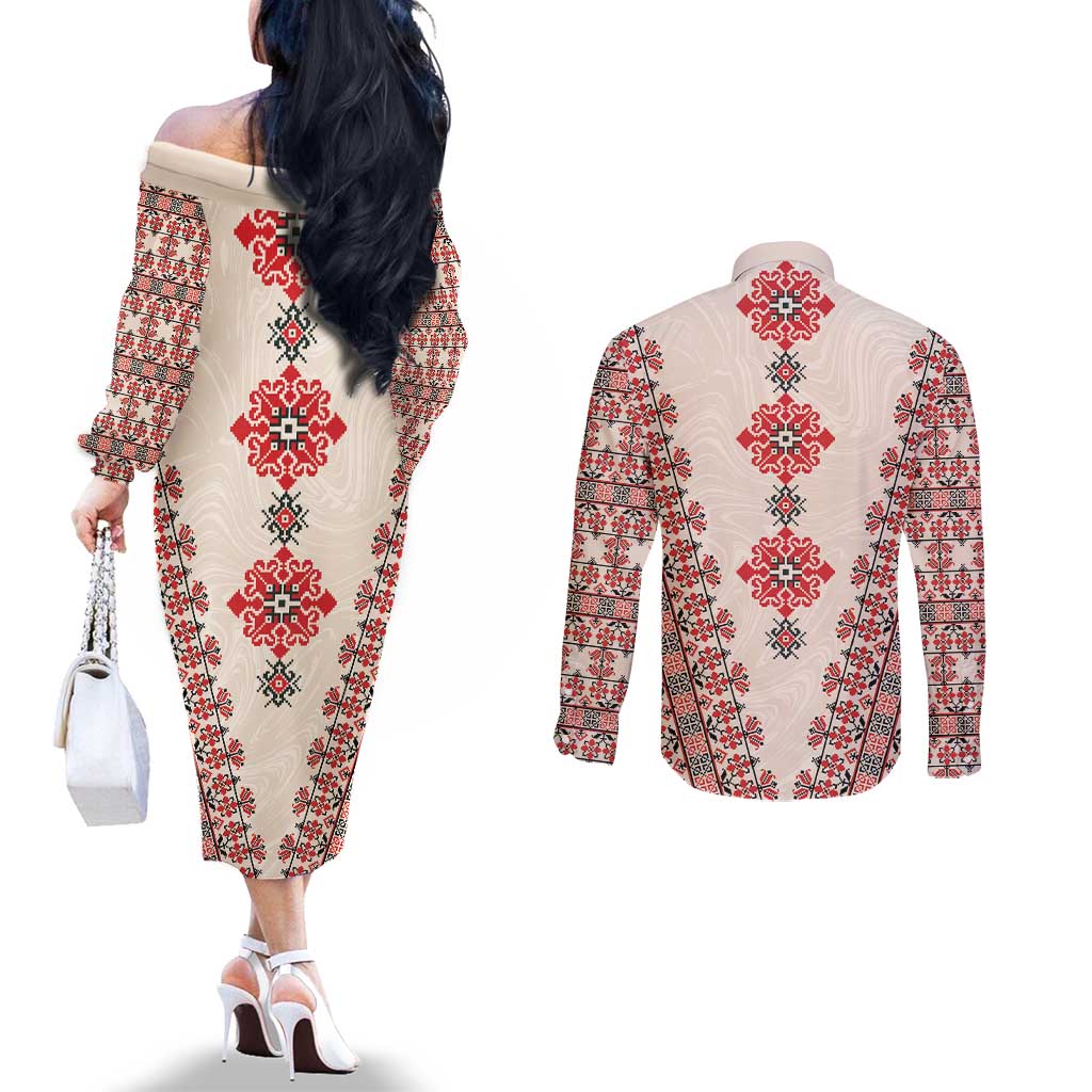 Bulgarian Martenitsa Couples Matching Off The Shoulder Long Sleeve Dress and Long Sleeve Button Shirt Tradition March 1st Chestita Baba Marta