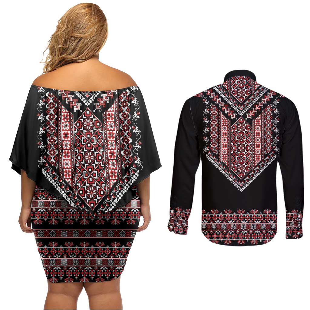 Martenitsa Martisor Day Couples Matching Off Shoulder Short Dress and Long Sleeve Button Shirt Traditional Romanian Folk Art