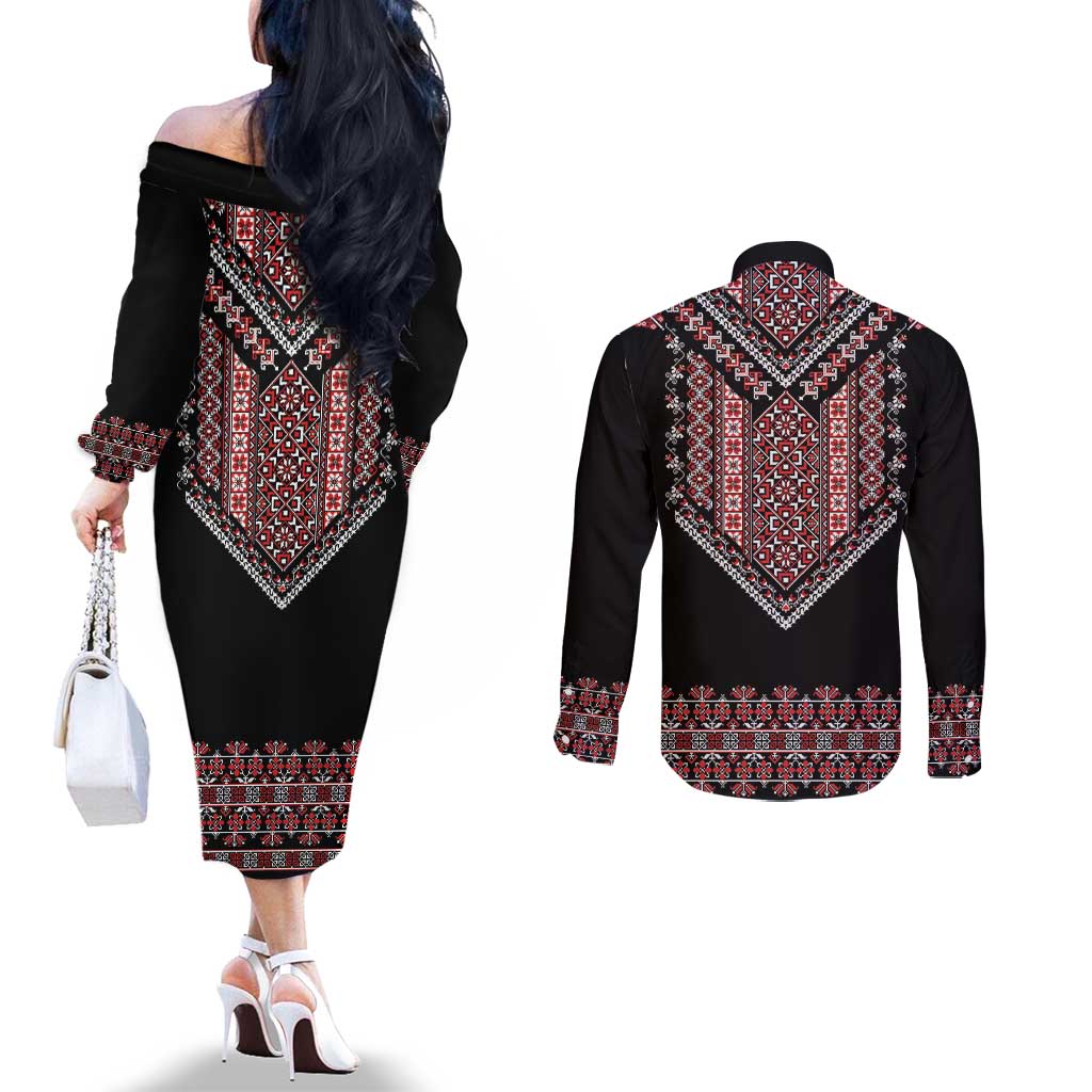 Martenitsa Martisor Day Couples Matching Off The Shoulder Long Sleeve Dress and Long Sleeve Button Shirt Traditional Romanian Folk Art