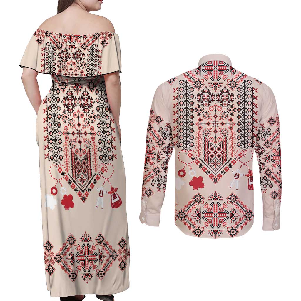 Vintage Martisor Day Martenitsa Couples Matching Off Shoulder Maxi Dress and Long Sleeve Button Shirt Traditional Romanian Embroidery No1