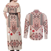 Vintage Martisor Day Martenitsa Couples Matching Off Shoulder Maxi Dress and Long Sleeve Button Shirt Traditional Romanian Embroidery No1