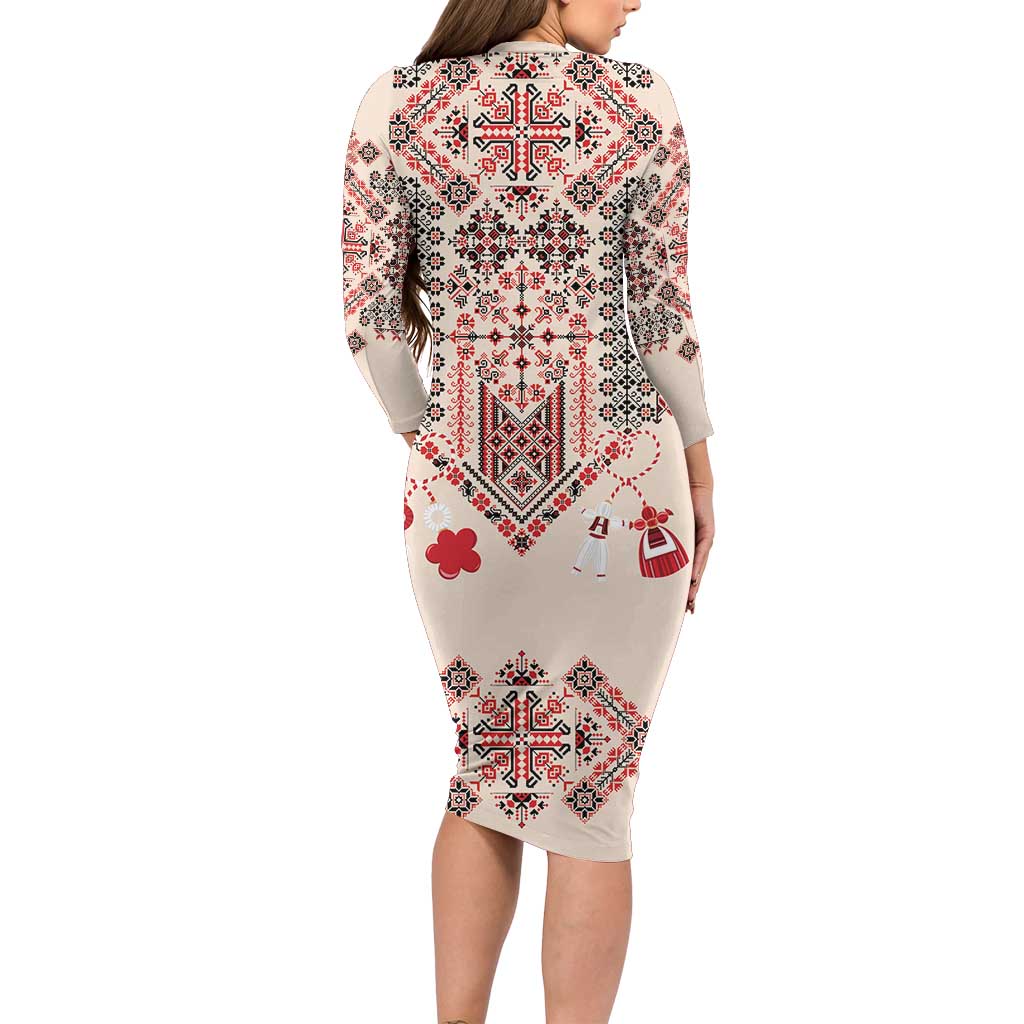 Vintage Martisor Day Martenitsa Family Matching Long Sleeve Bodycon Dress and Hawaiian Shirt Traditional Romanian Embroidery No1