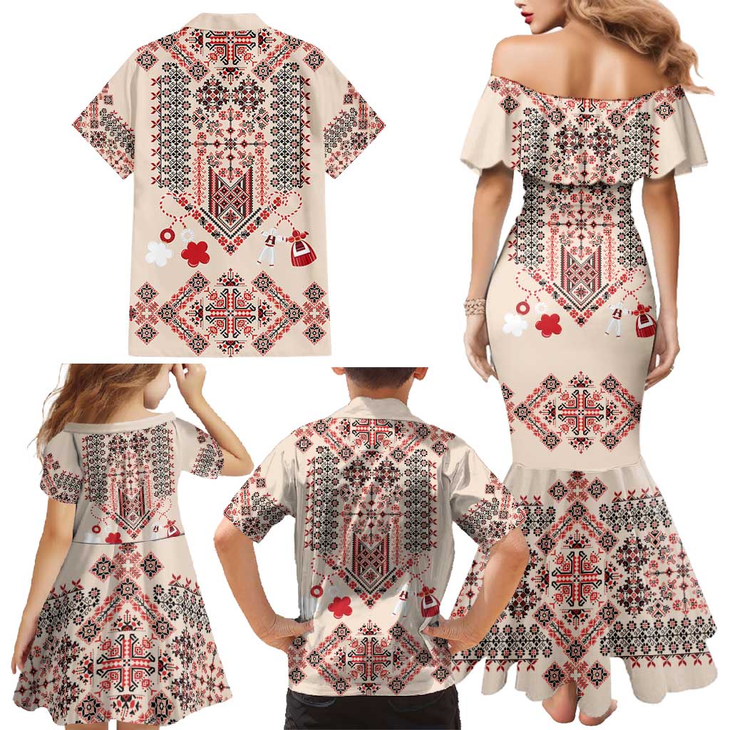 Vintage Martisor Day Martenitsa Family Matching Mermaid Dress and Hawaiian Shirt Traditional Romanian Embroidery No1