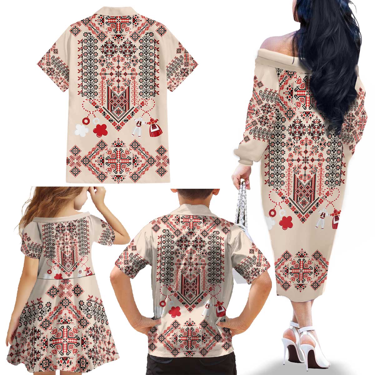 Vintage Martisor Day Martenitsa Family Matching Off The Shoulder Long Sleeve Dress and Hawaiian Shirt Traditional Romanian Embroidery No1