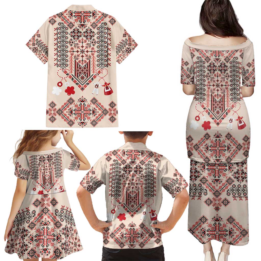 Vintage Martisor Day Martenitsa Family Matching Puletasi and Hawaiian Shirt Traditional Romanian Embroidery No1